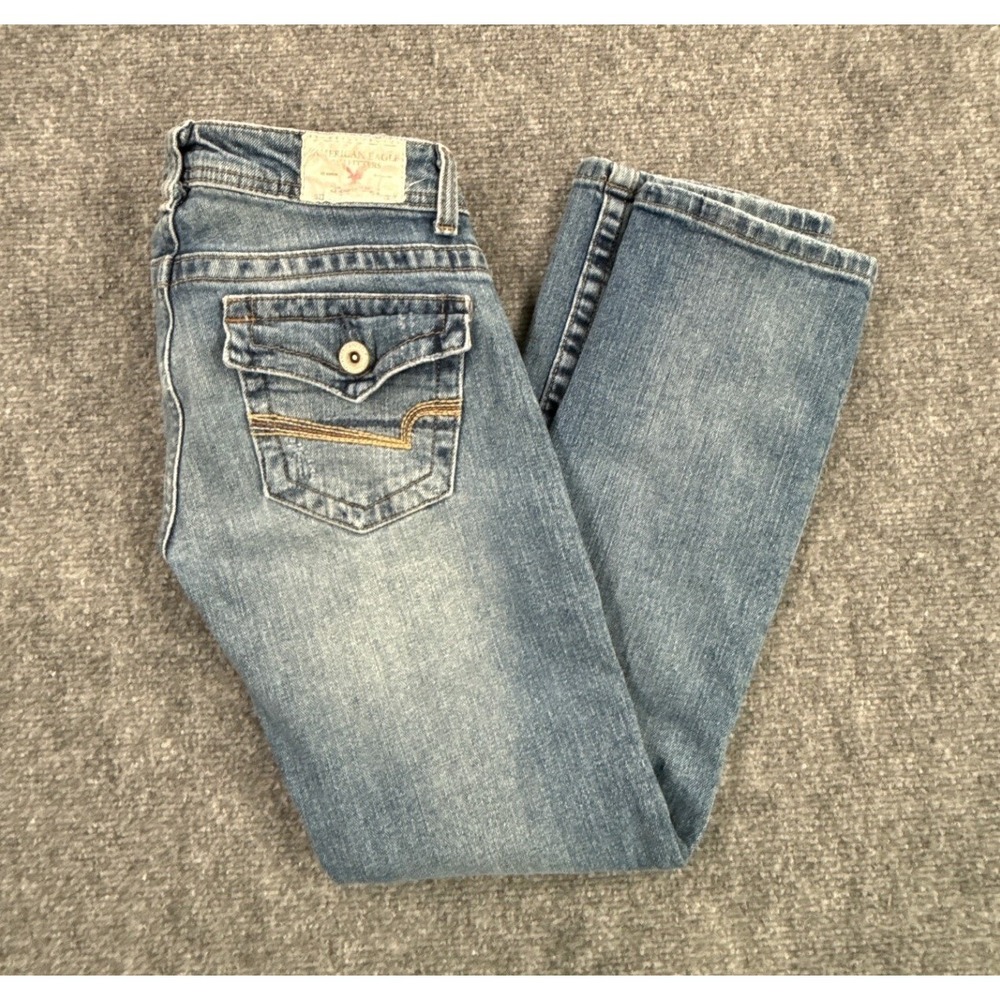 American Eagle Jeans Womens 2R Stretch Blue Flap Pocket Straight Y2K Medium Wash